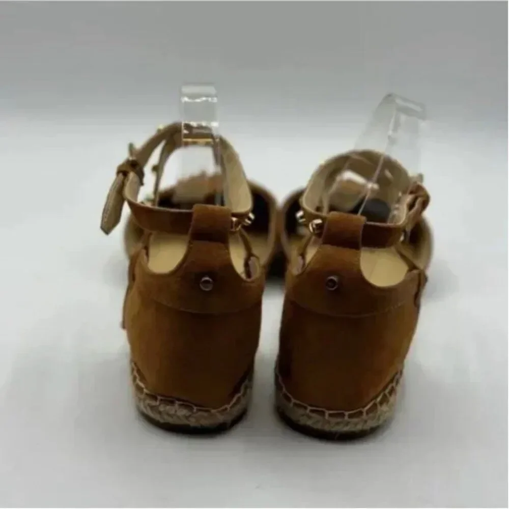 Marc Fisher Maci Stud Ballerina Espadrilles Ankle Strap Flats Brown Suede 9.5